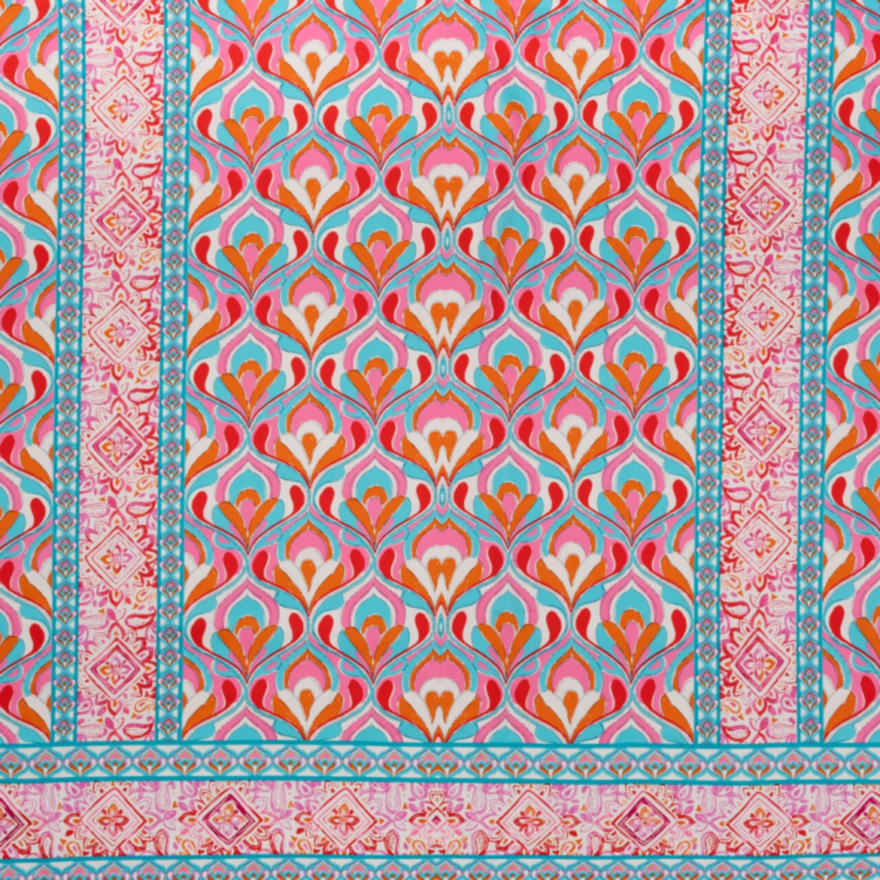 1 Yard Stretch Cotton Sateen Turquoise Pink and Orange Floral Ogees Stripes Fabric